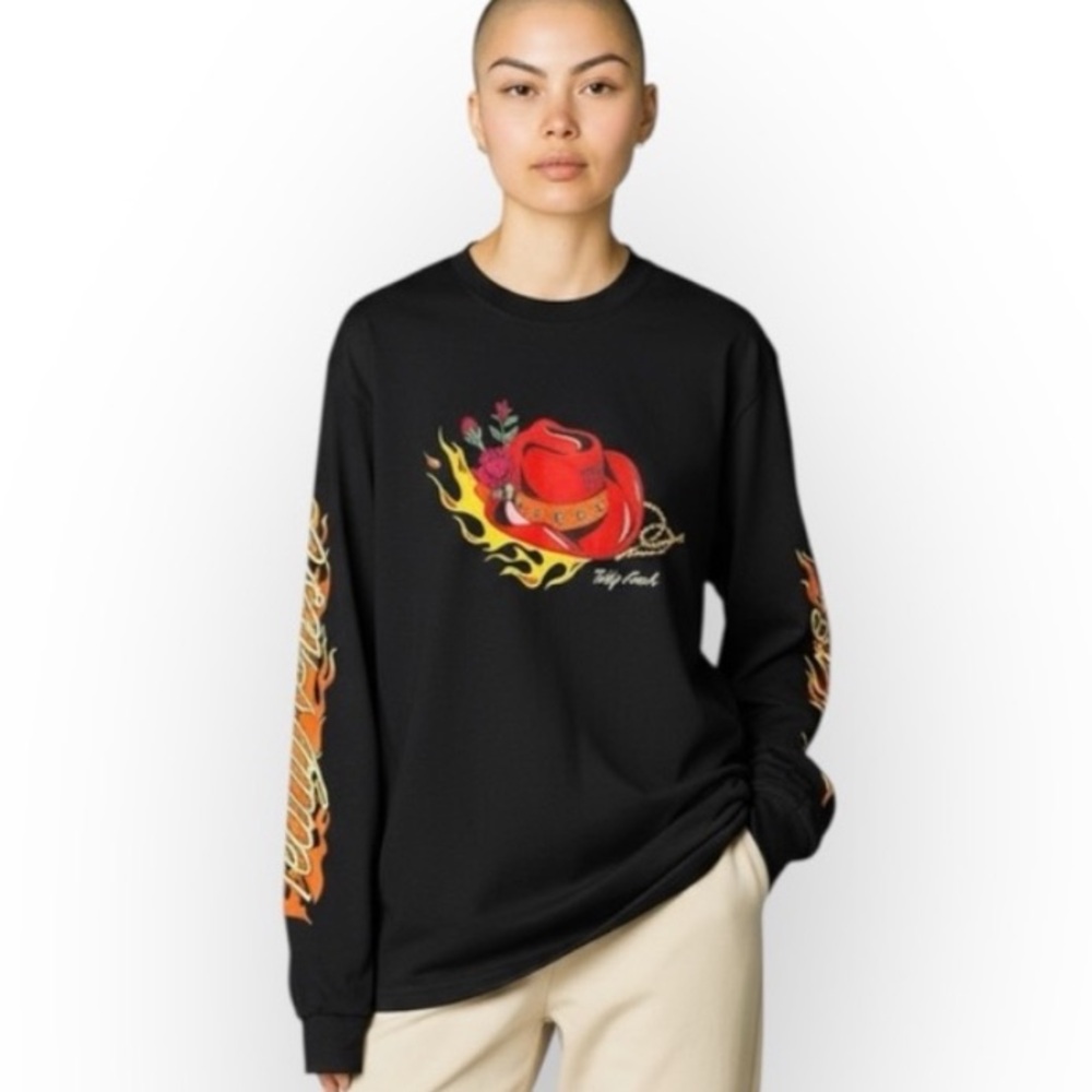 Teddy Fresh Crew Neck Long Sleeve Graphic Tee Black Cotton Made in USA S